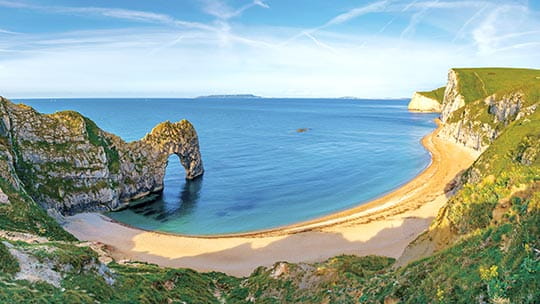 A view towards Durdle Door on Dorset's Jurassic Coast, England